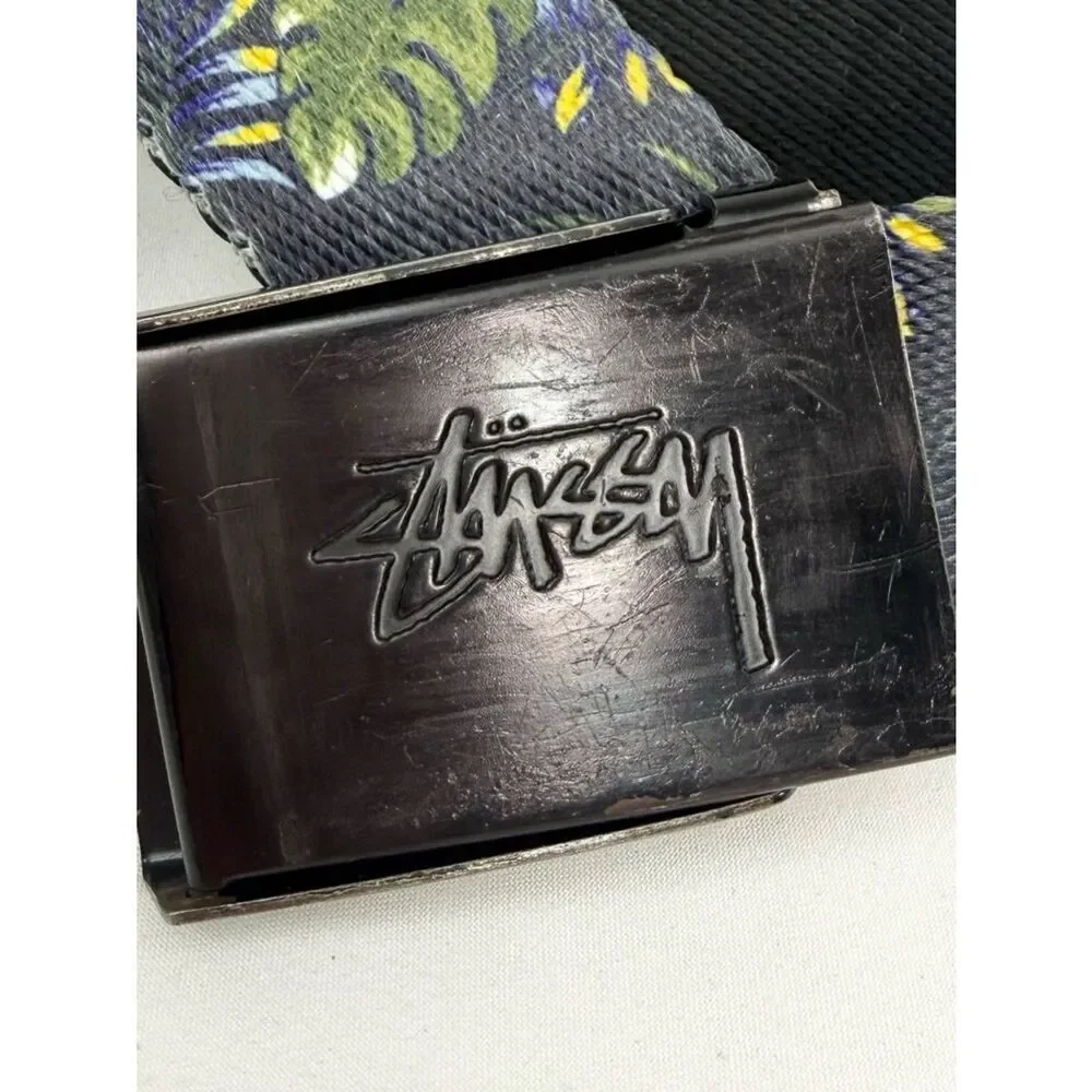Stussy Navy Blue Yellow Tropical Floral Adjustable Nylon Unisex Belt
